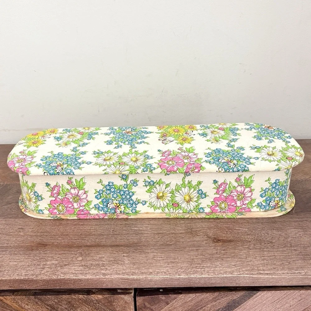 Vintage Floral Fabric Covered Trinket Box Vanity Storage Lidded Cottagecore 14
